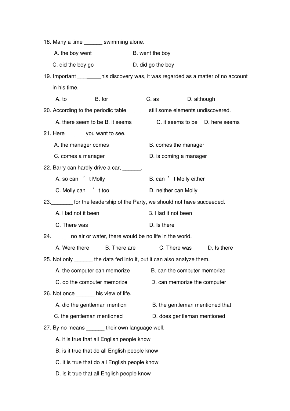 人教版高中英语必修五倒装句专题突破练习_第3页