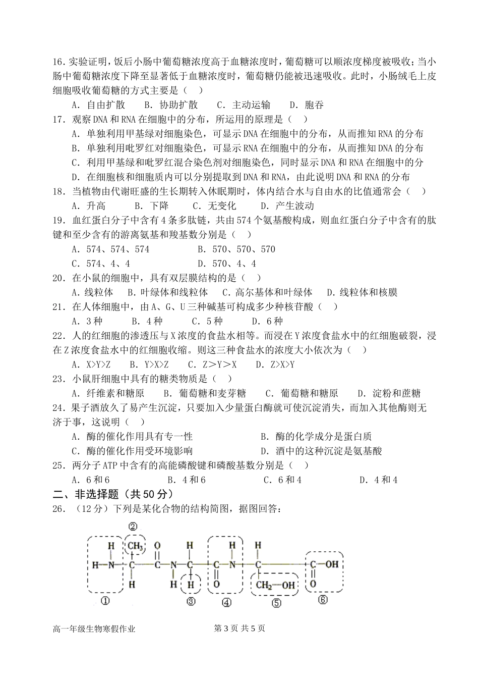 高一生物学科寒假作业_第3页