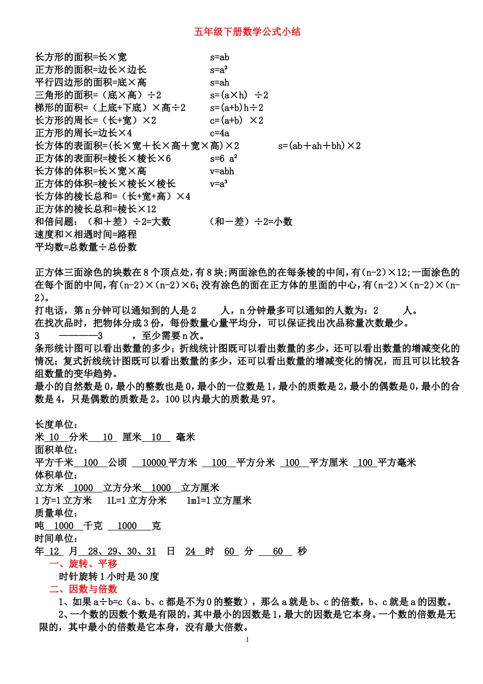 五年级数学下册概念及公式总复习_第1页