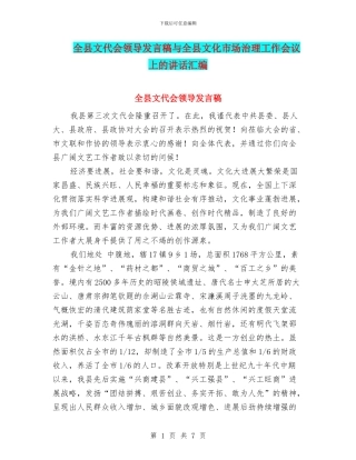 全县文代会领导发言稿与全县文化市场治理工作会议上的讲话汇编
