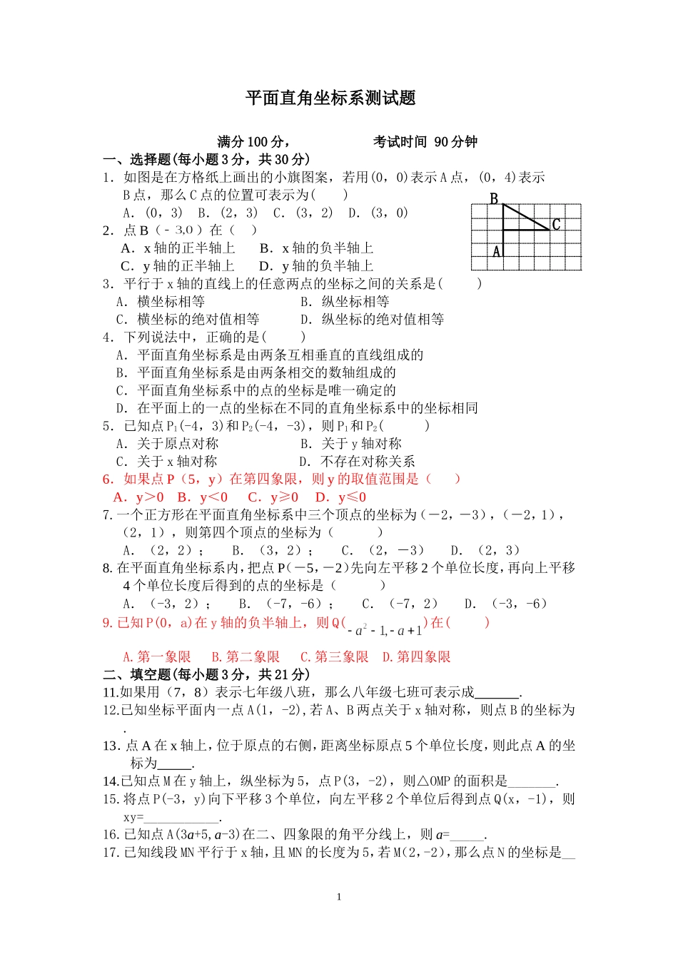 《平面直角坐标系》测试题及答案_第1页