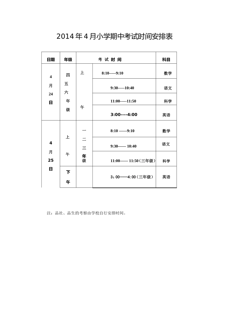 2014年4月小学期中考试时间安排表_第1页