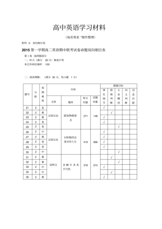 人教版高中英语必修五高二英语命题双向细目表4