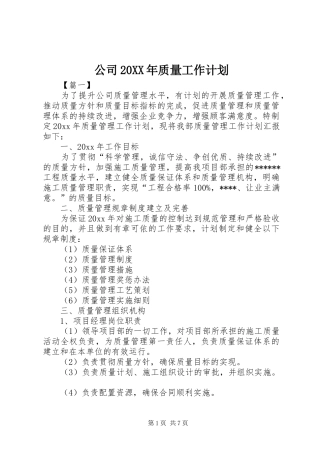 公司20XX年质量工作计划