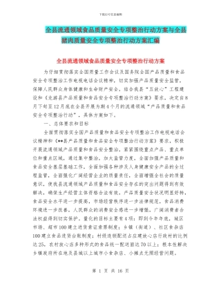 全县流通领域食品质量安全专项整治行动方案与全县猪肉质量安全专项整治行动方案汇编