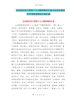 全县深入学习贯彻十九大精神情况汇报与全县环境保护专项检查情况汇报汇编