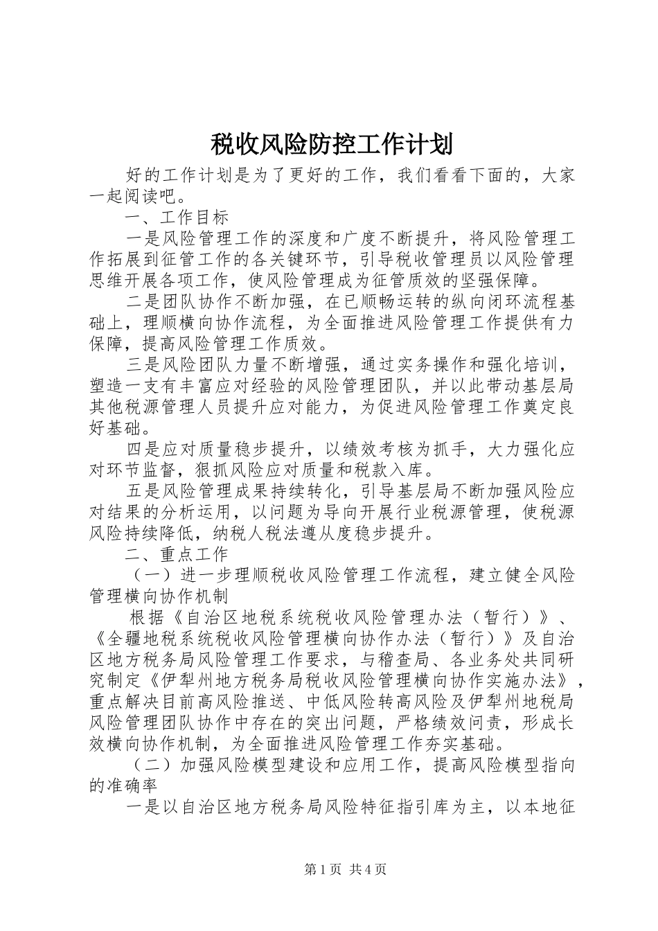 税收风险防控工作计划 _第1页