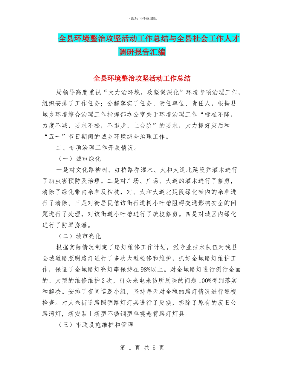 全县环境整治攻坚活动工作总结与全县社会工作人才调研报告汇编_第1页