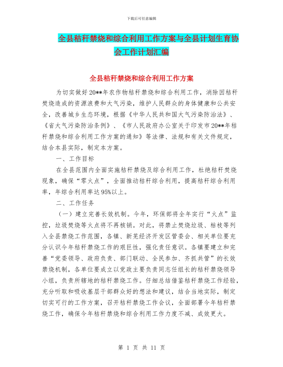全县秸秆禁烧和综合利用工作方案与全县计划生育协会工作计划汇编_第1页
