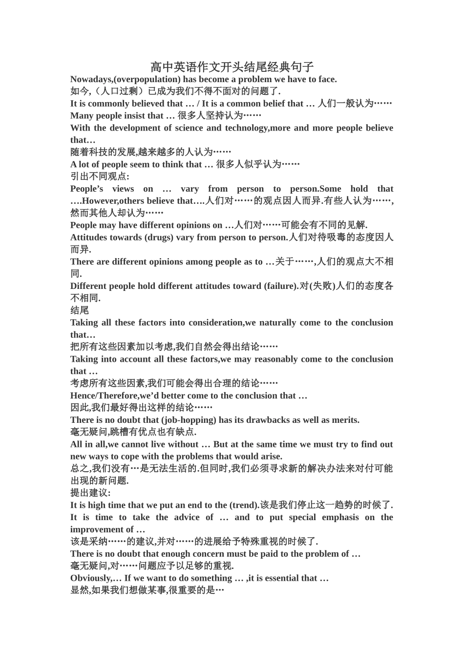 高中英语作文开头结尾经典句子_第1页