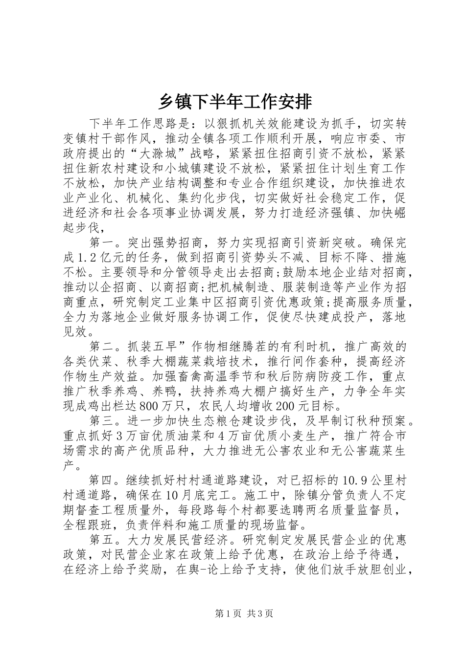 乡镇下半年工作安排 _第1页