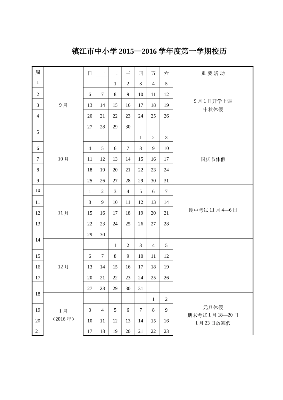 镇江市2015—2016学年第一学期校历_第1页