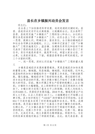 县长在乡镇振兴动员会发言