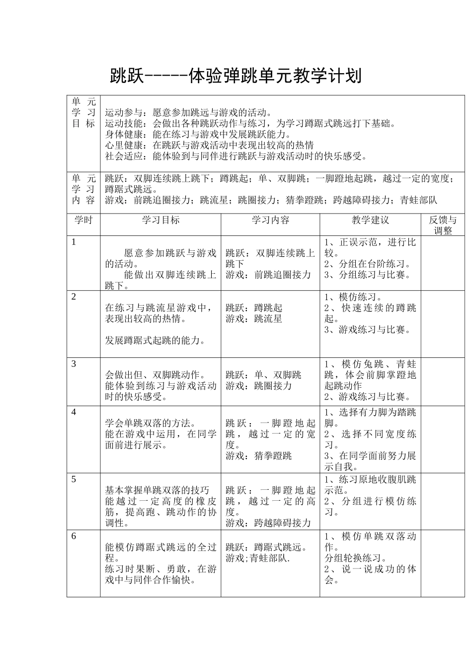 跳跃-----体验弹跳单元教学计划_第1页