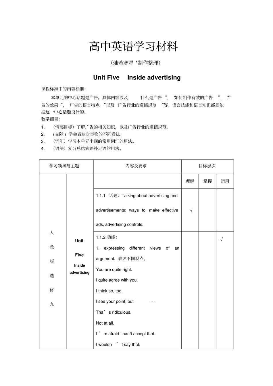 人教版高中英语选修九UnitFiveInsideadvertising_第1页