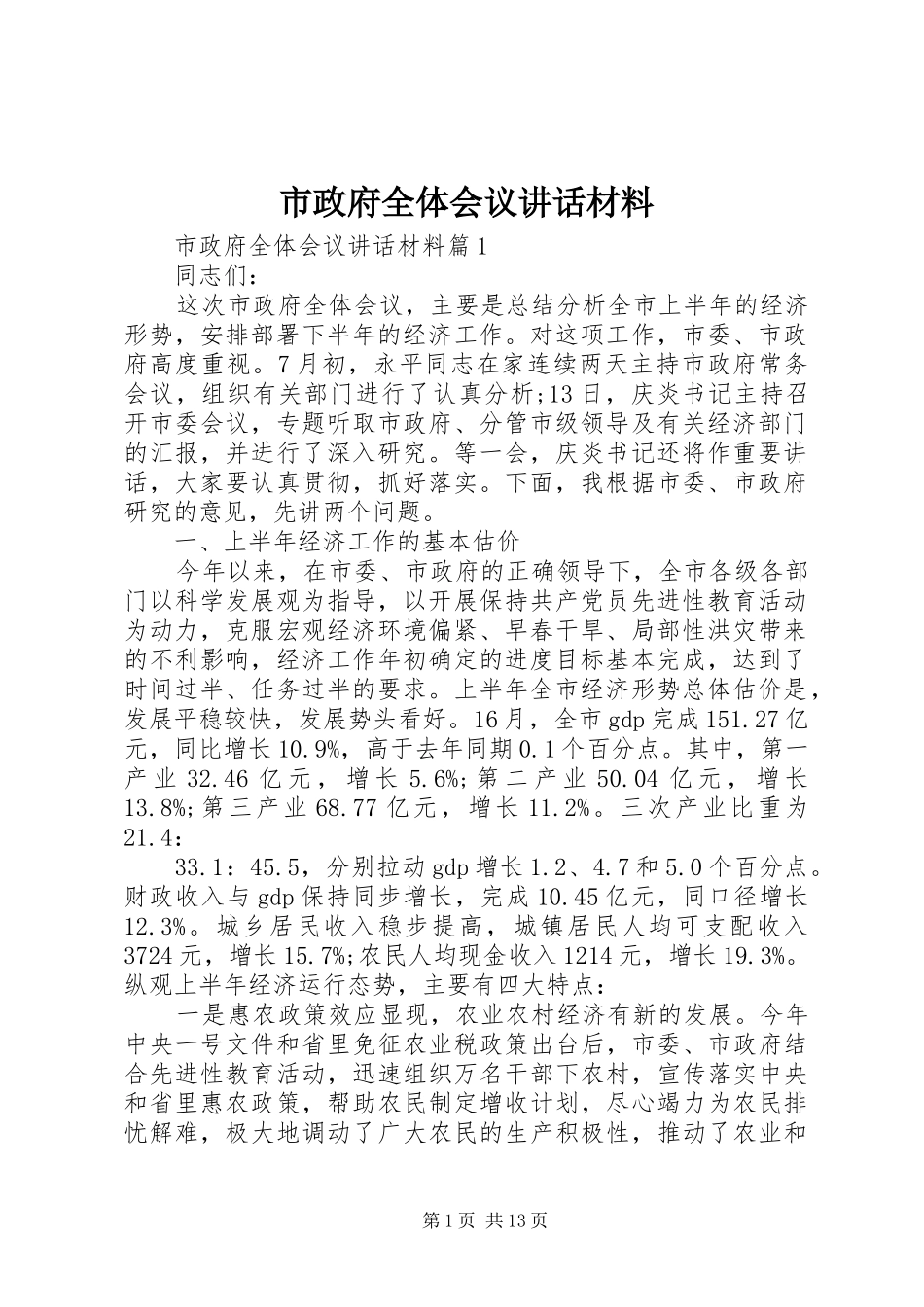 市政府全体会议讲话材料_第1页