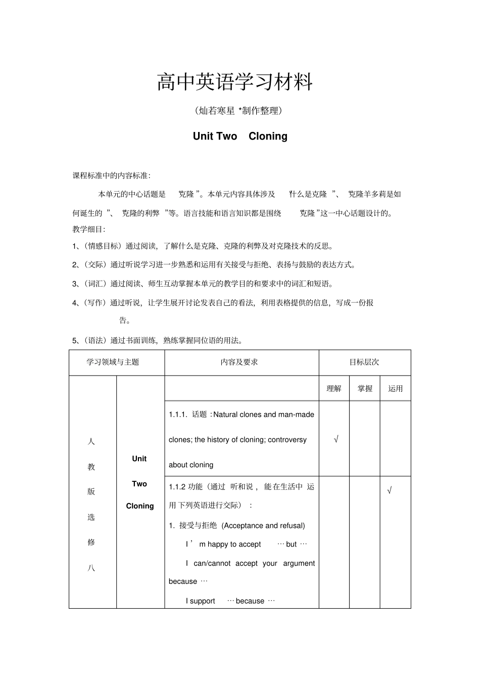 人教版高中英语选修八UnitTwoCloning_第1页