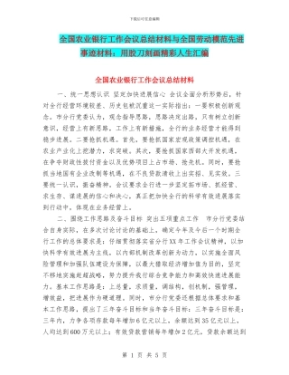 全国农业银行工作会议总结材料与全国劳动模范先进事迹材料：用胶刀刻画精彩人生汇编