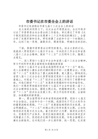 市委书记在市委全会上的讲话