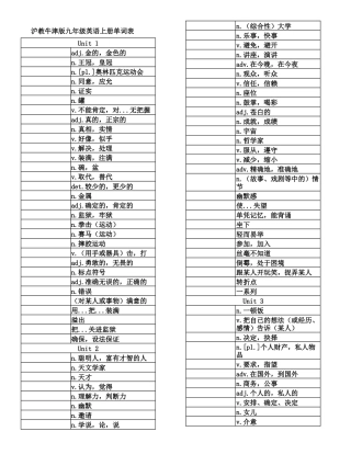 沪教牛津版九年级英语上册单词表默写版