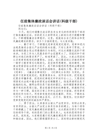 任前集体廉政谈话会讲话(科级干部)