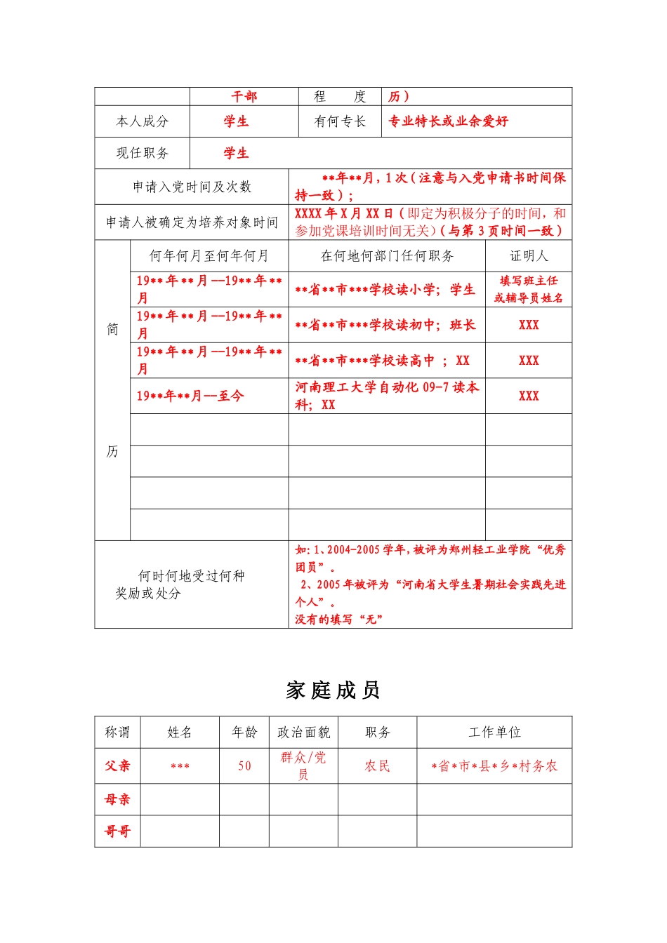 申请入党积极分子培养考察登记表(模板)_第3页