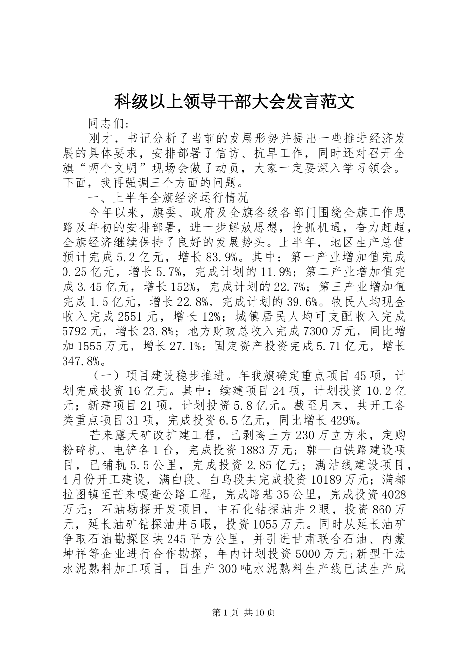 科级以上领导干部大会发言范文_第1页