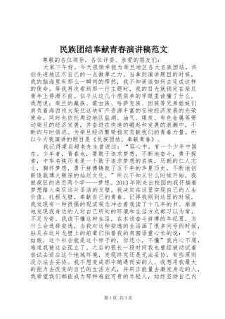 民族团结奉献青春演讲稿范文