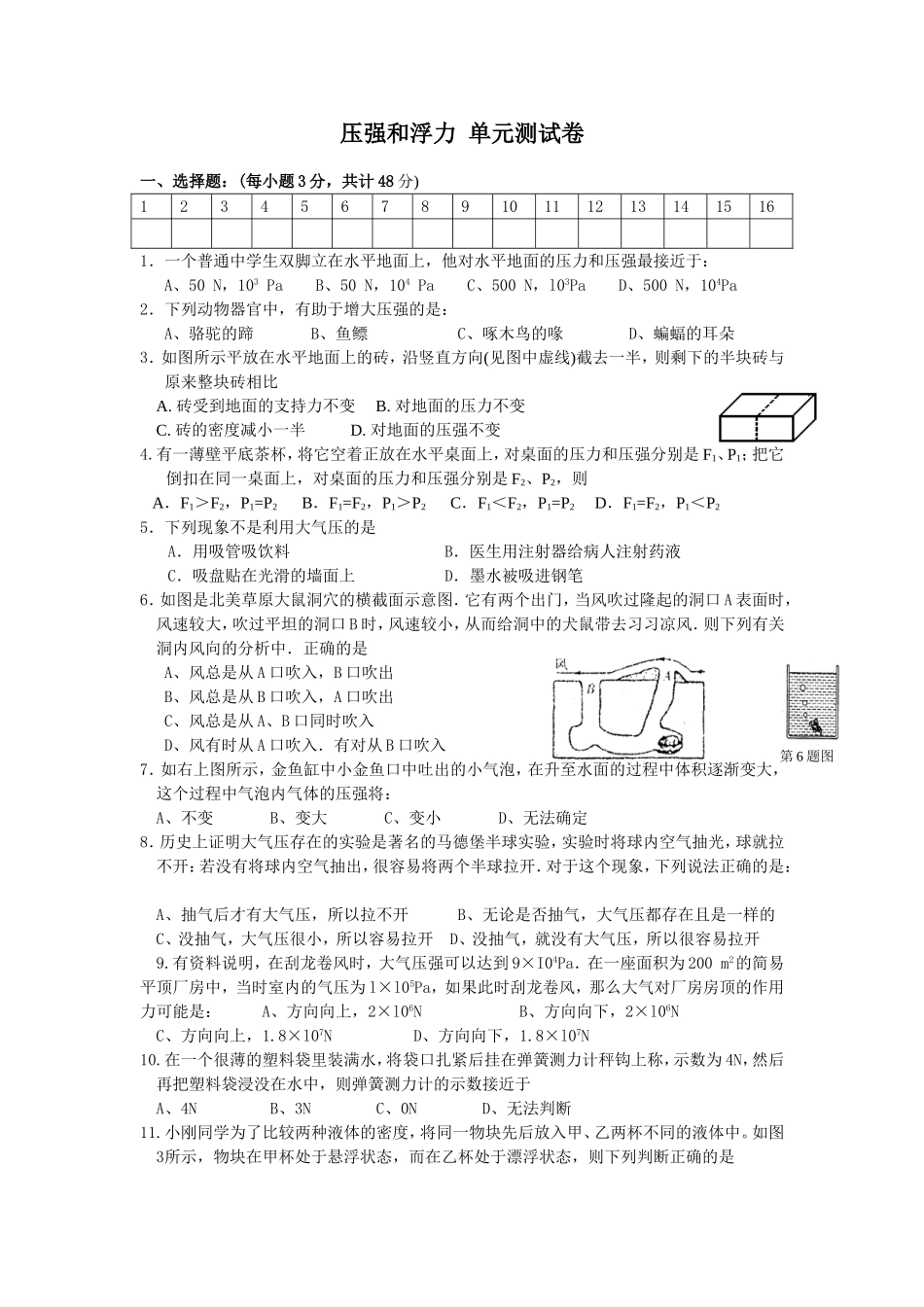 第十章_压强和浮力_单元测试卷_第1页