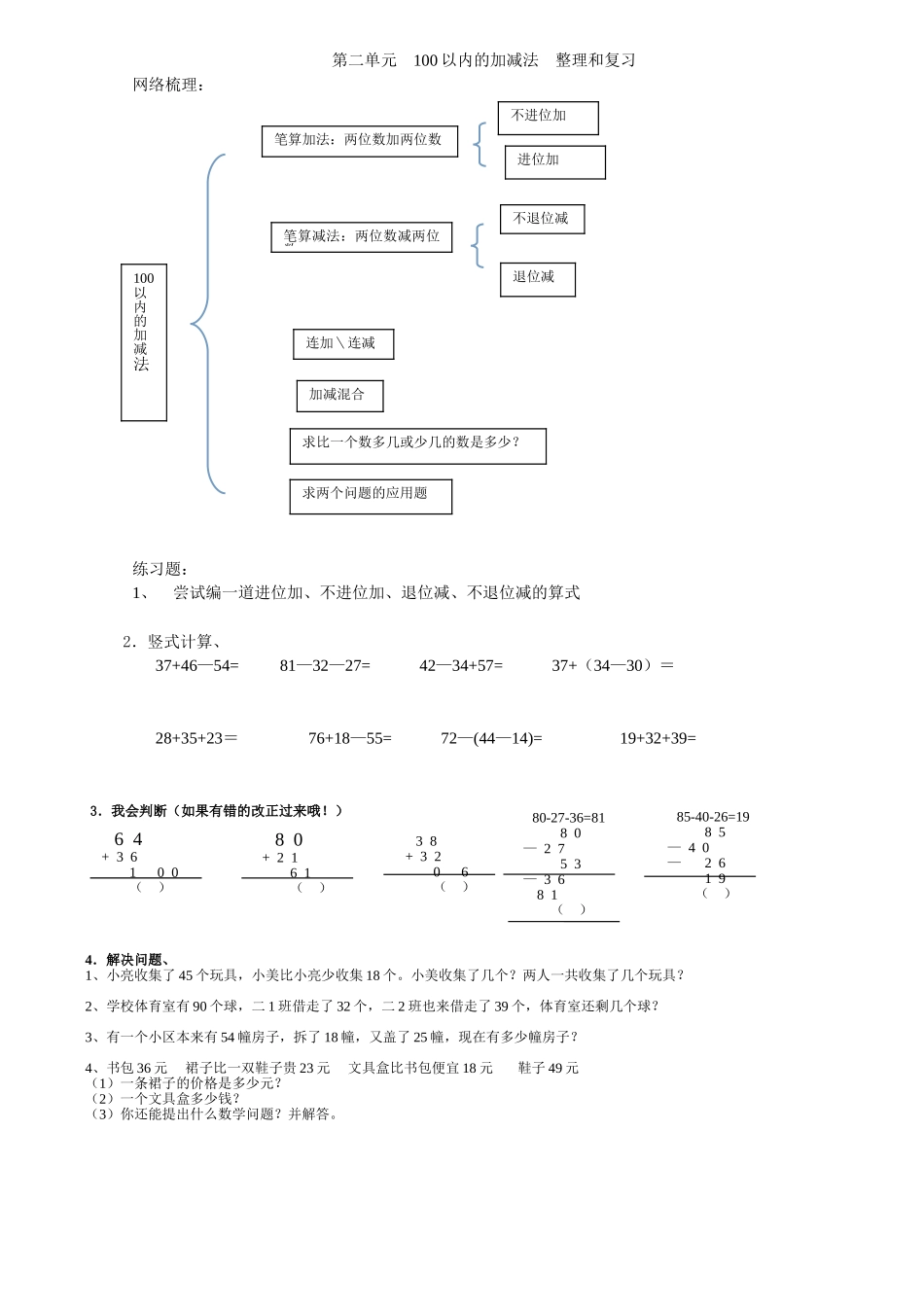 第二单元100以内的加减法整理和复习_第1页