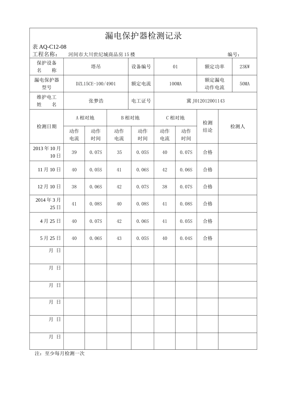 漏电保护器检测记录 (2)_第1页