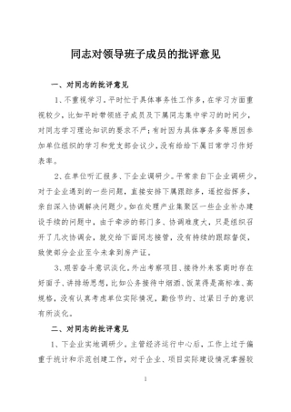 领导班子成员的批评意见