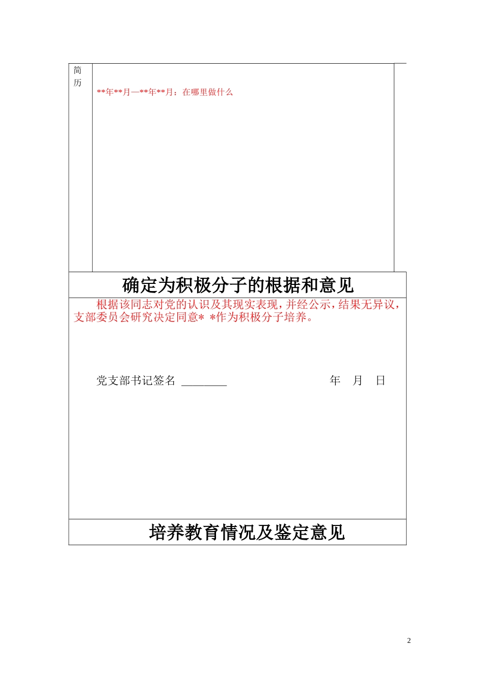 入党积极分子培养教育考察登记簿_第2页