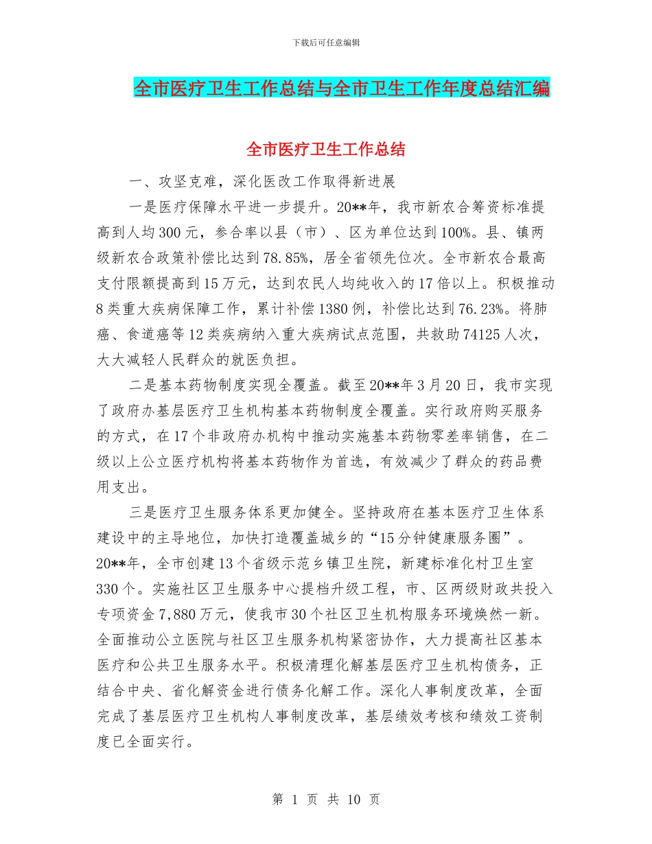 全市医疗卫生工作总结与全市卫生工作年度总结汇编_第1页