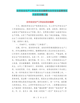 全市安全生产工作会议发言提纲与全市安全监管局长大会发言稿汇编