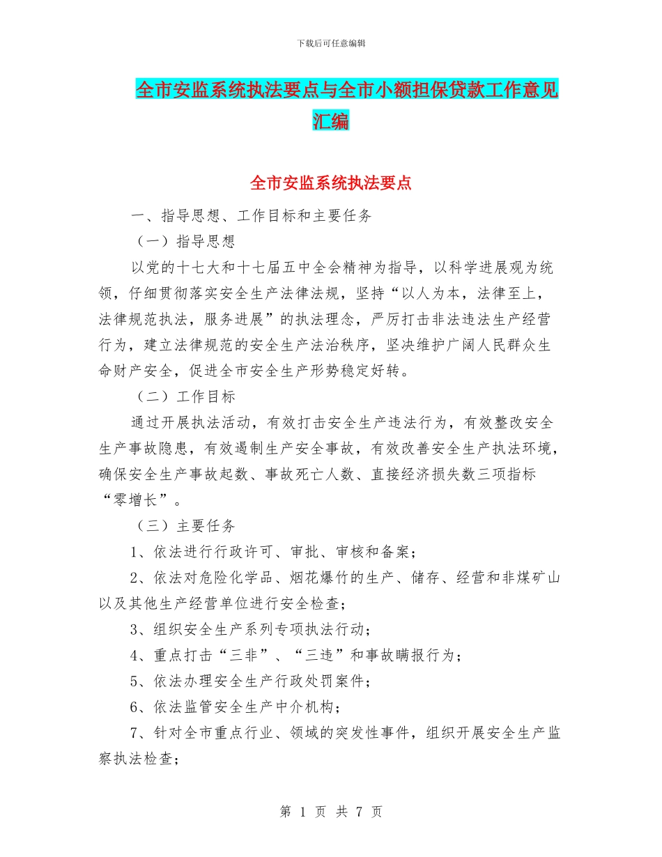 全市安监系统执法要点与全市小额担保贷款工作意见汇编_第1页