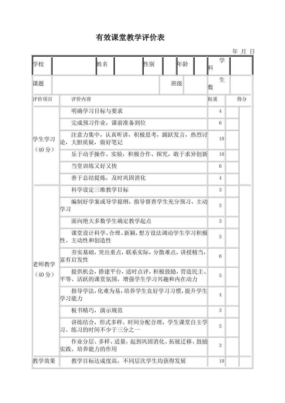 有效课堂教学评价表_第1页