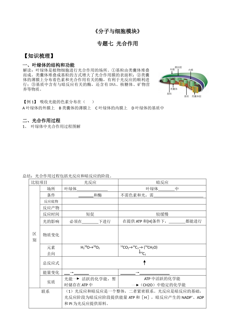 生物必修一专题七—光合作用学生_第1页