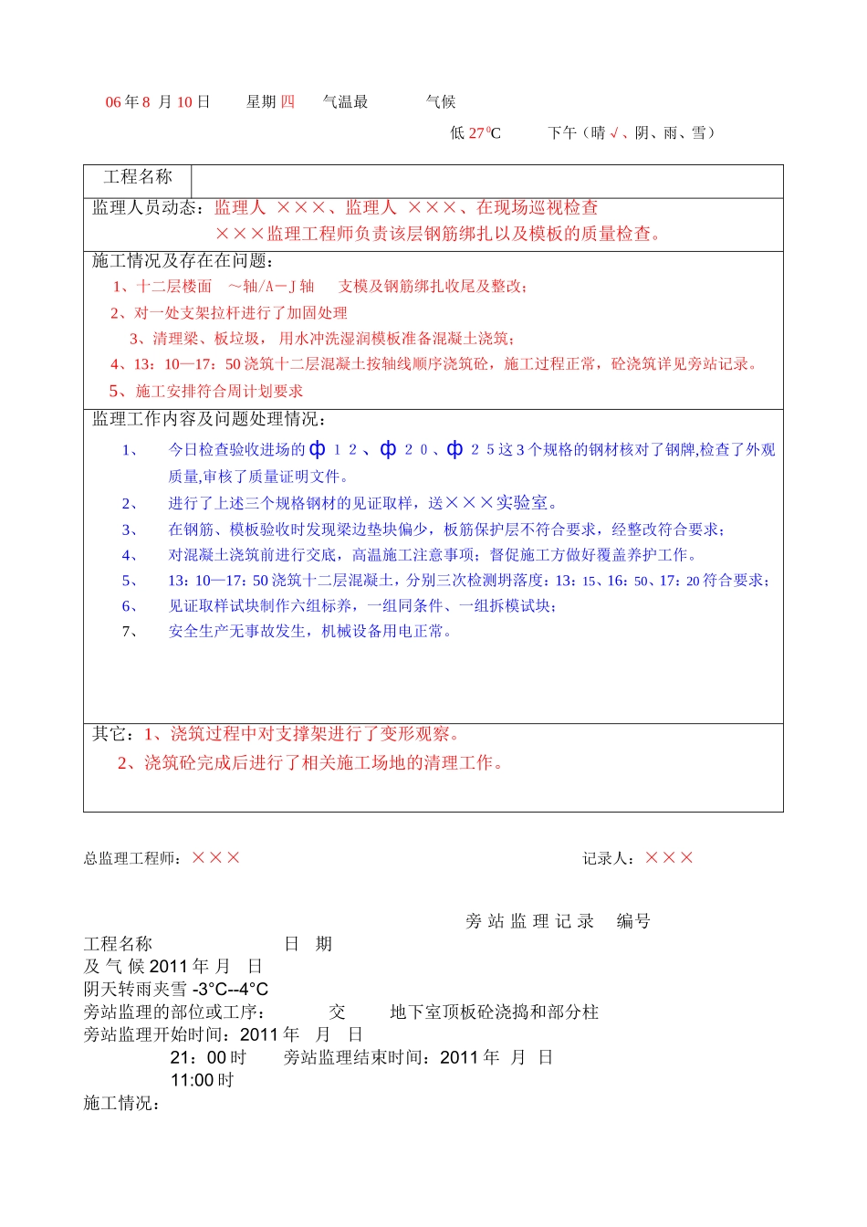 监理日记及旁站监理记录实例(样本)_secret_第2页