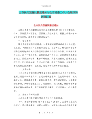 全市民兵预备队整组通知与全市民宗工作大会领导讲话稿汇编