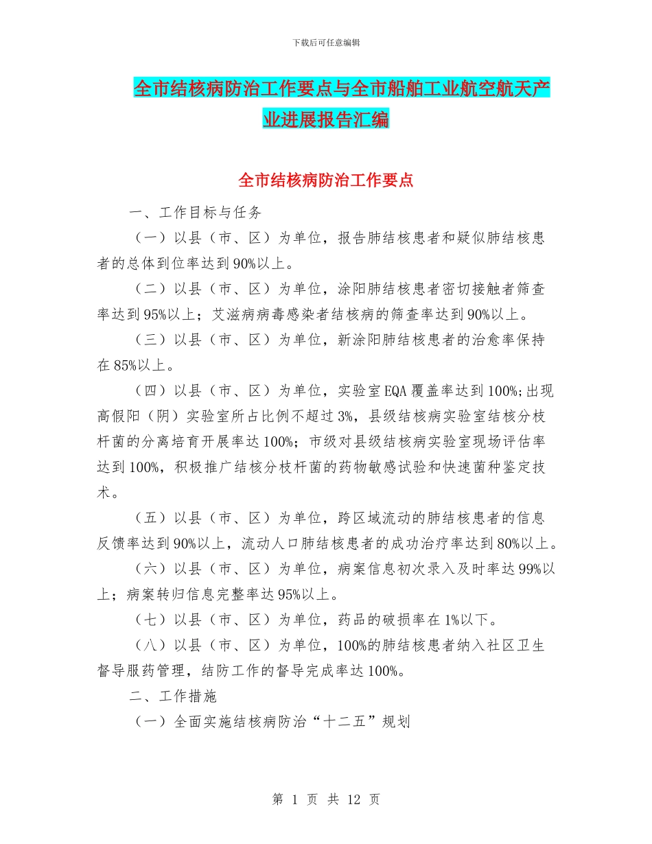 全市结核病防治工作要点与全市船舶工业航空航天产业发展报告汇编_第1页