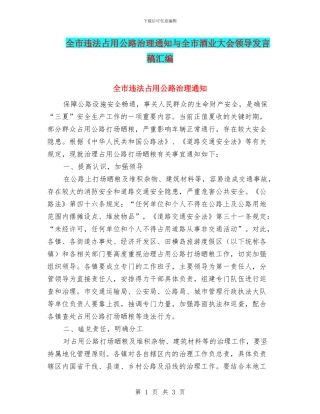 全市违法占用公路治理通知与全市酒业大会领导发言稿汇编