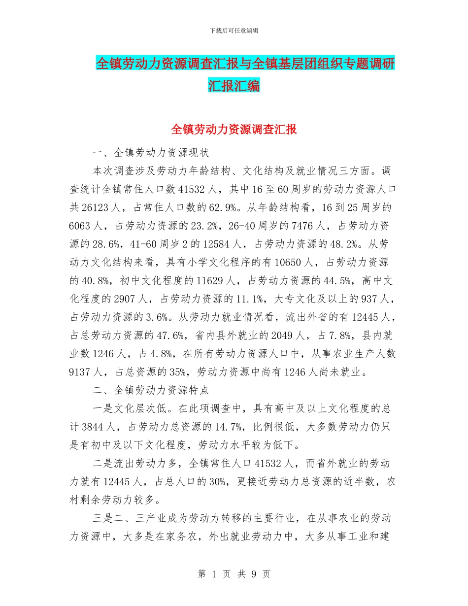 全镇劳动力资源调查汇报与全镇基层团组织专题调研汇报汇编_第1页