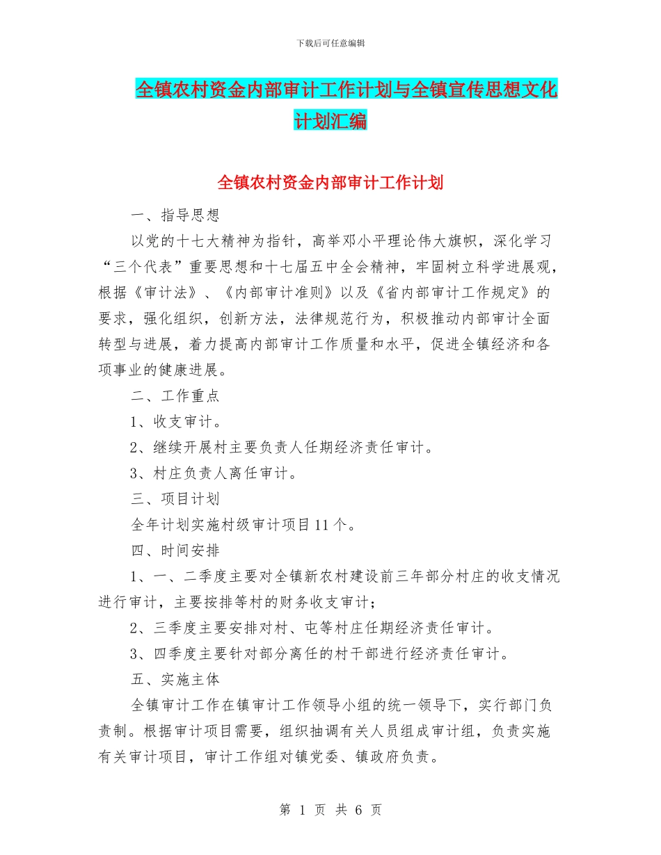 全镇农村资金内部审计工作计划与全镇宣传思想文化计划汇编_第1页