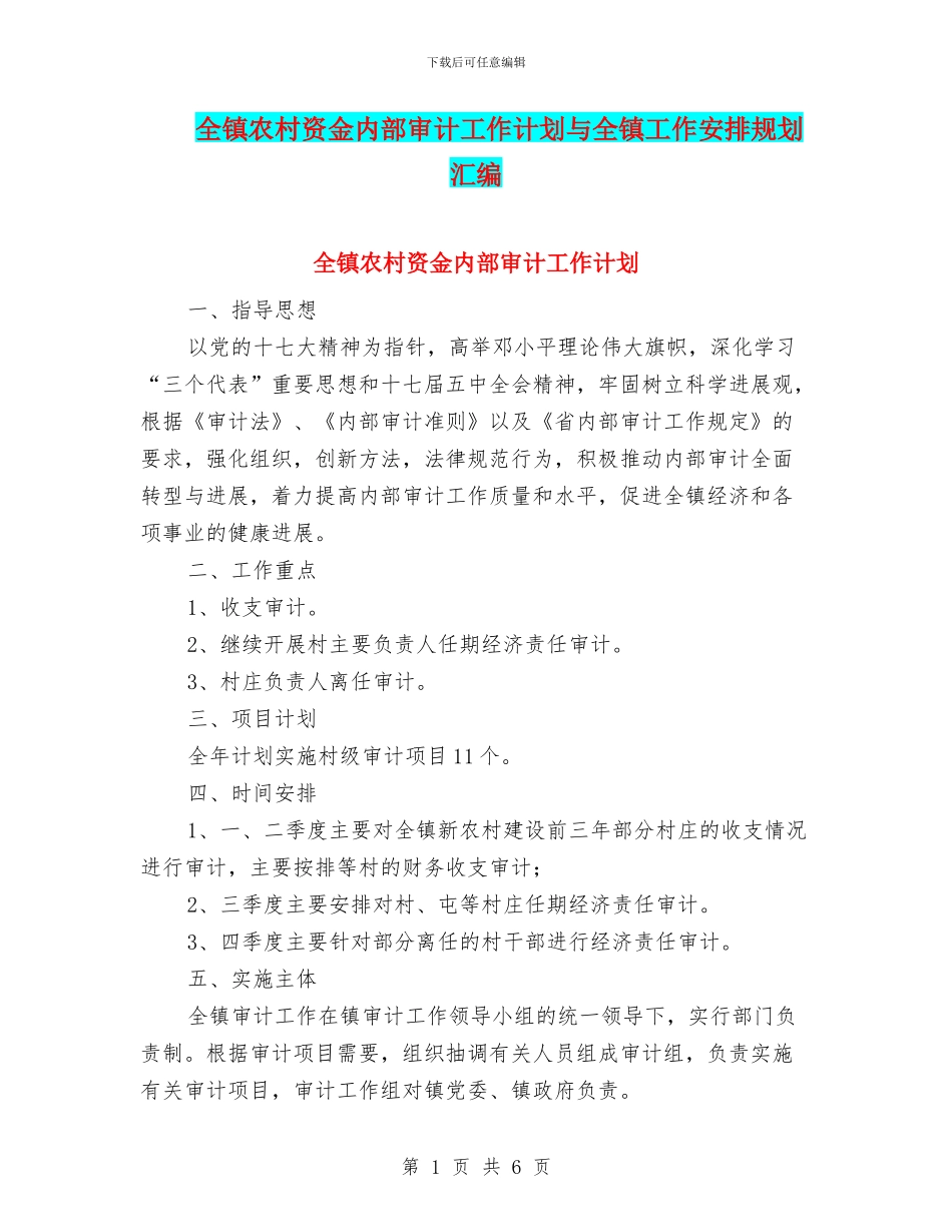 全镇农村资金内部审计工作计划与全镇工作安排规划汇编_第1页