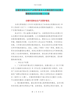 全镇年度林业生产及管护意见与全镇思想作风纪律三整顿再动员发言稿汇编
