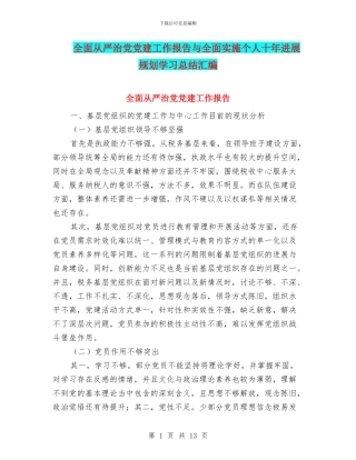 全面从严治党党建工作报告与全面实施个人十年发展规划学习总结汇编