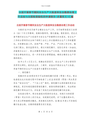 全面开展春节期间安全生产大检查和安全隐患治理工作总结与全面检查验收的申请报告汇编