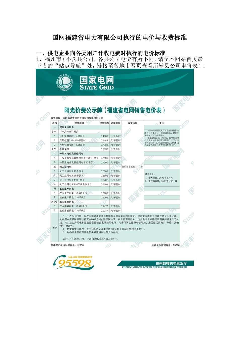 国网福建省电力有限公司执行的电价与收费标准_第1页