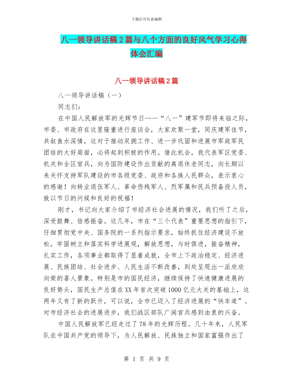 八一领导讲话稿2篇与八个方面的良好风气学习心得体会汇编_第1页